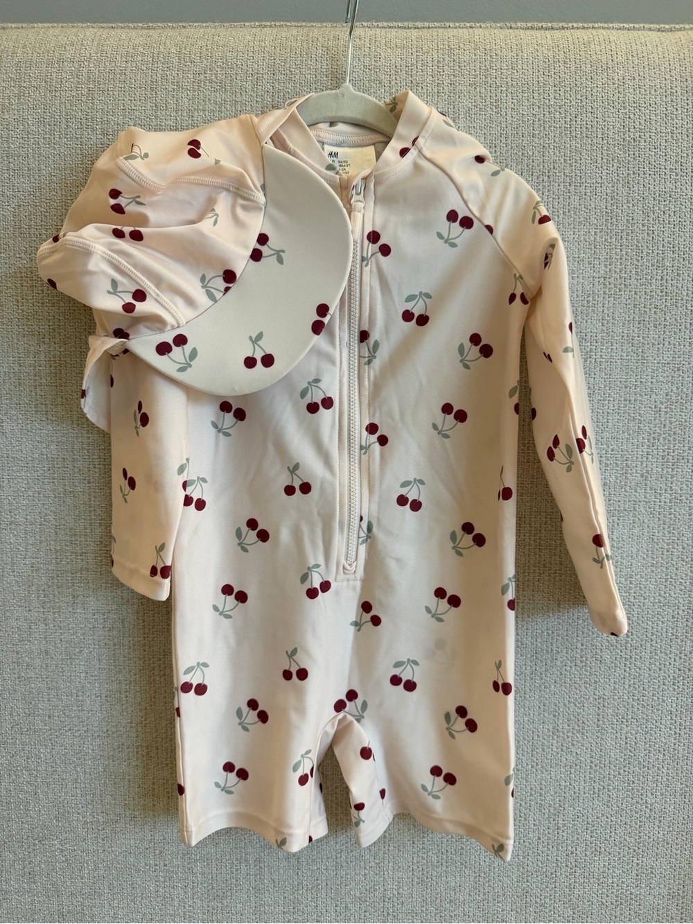 H&M Kids Cream Cherry One-Piece Swimsuit with Sun Hat NWOT